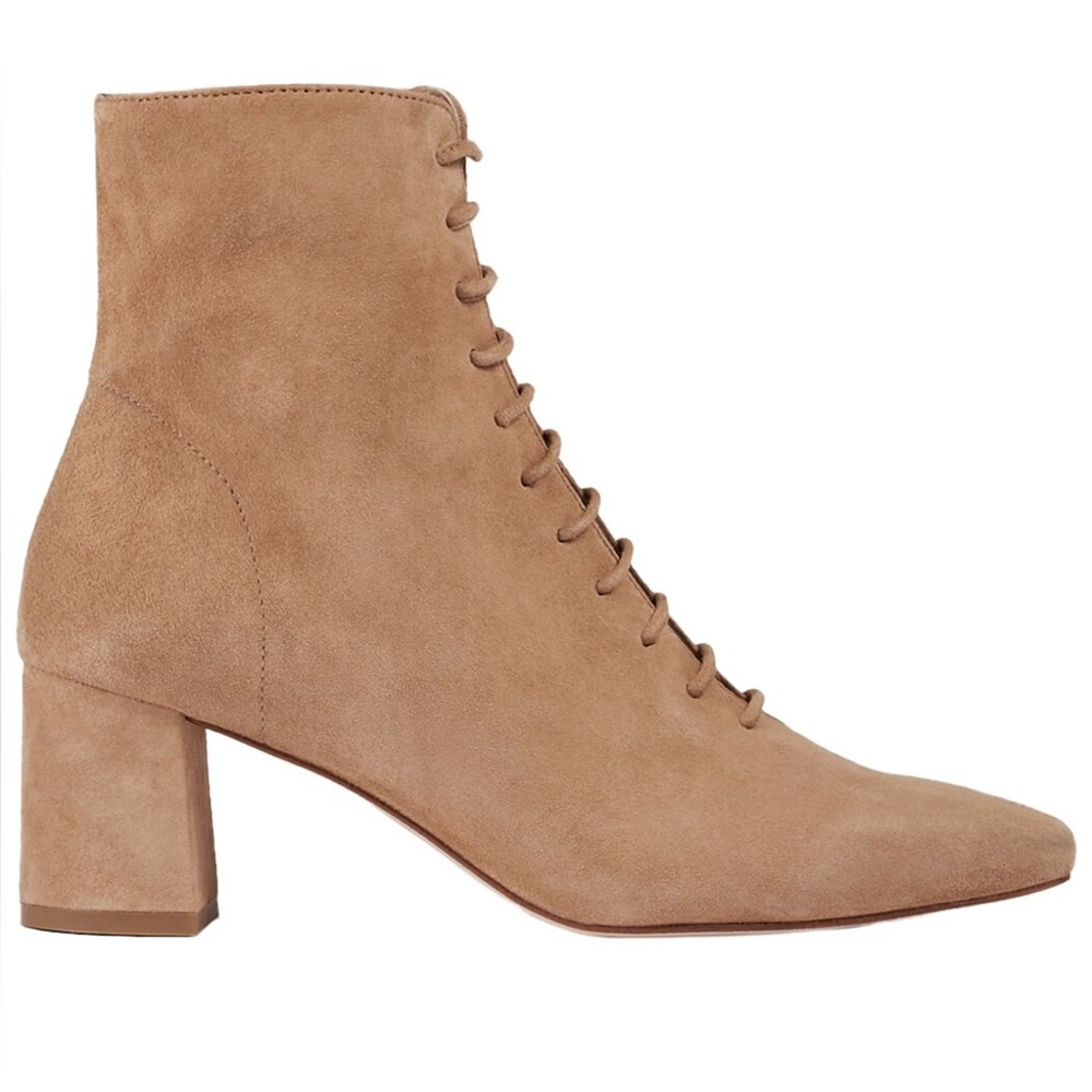 NIB LK Bennett Arabella Tan Suede Lace-Up Block Heel Ankle Boots 39 8.5 9